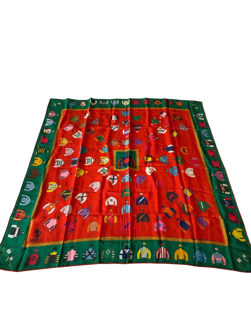 1988 Kentucky Derby Winner Vibrant Red  Green Equestrian Print Silk Scarf Wrap